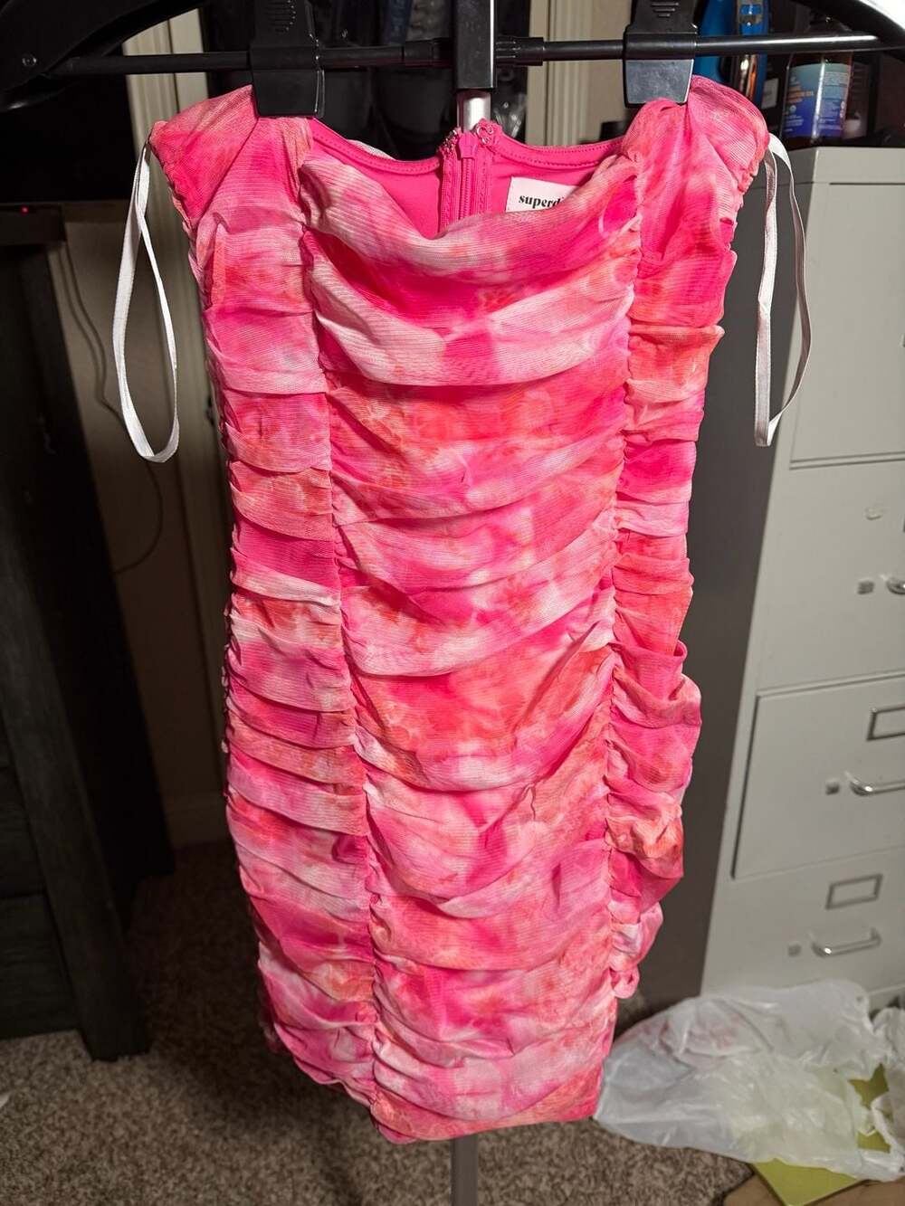 superdown Pink Tie Dye Ruched Mesh Mini Dress